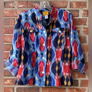 ☀️ RUBY RD - 16 Petite 16P - Bright Red Blue Pink Burnout Button Blouse Jacket